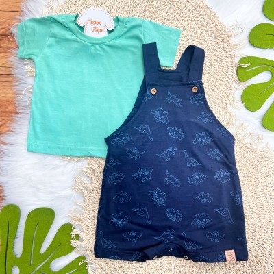 Conj. Camiseta e Jardineira em Moletinho Dinos - Marinho e Verde